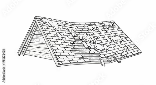 Damaged roof with missing and torn shingles, exposing wooden structure