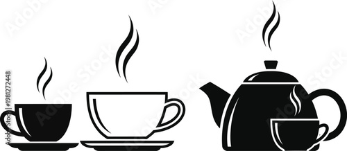 Classic tea set illustration featuring cups and a teapot with steam Vector