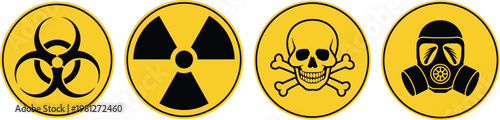 Hazard and Danger Yellow Warning Signs Vector Set Featuring Radiation, Biohazard, Toxic Symbols, and Gas Mask Icon, Industrial Safety Icons for Emergency Alerts and Hazardous Material Communication