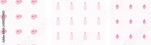 Pink seamless pattern set with abstract geometric shapes, minimalist pastel background textures, feminine repeating vector graphics for textile design