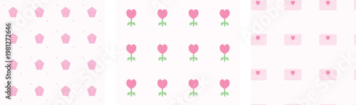 Minimalist pink heart pattern collection, cute romantic vector backgrounds, set of 3 seamless floral and envelope textures for wedding stationery