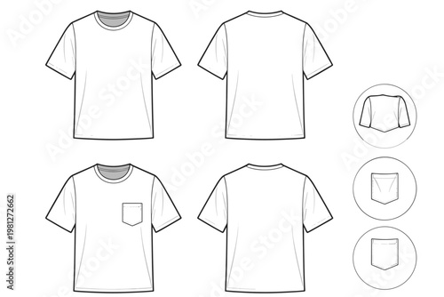 Technical drawings of at-shirt with and without pocket