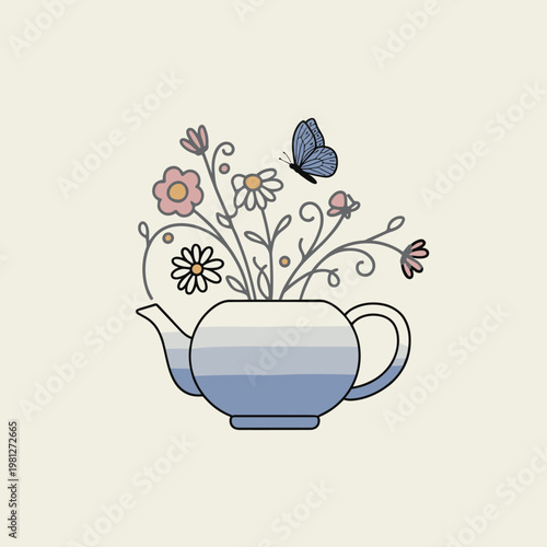 Teapot with Flowers and Butterfly Illustration floral