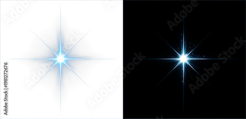 Bright blue glowing star flare, futuristic light burst with particles on whine and black background