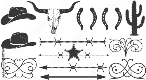 Western cowboy and desert elements silhouette collection