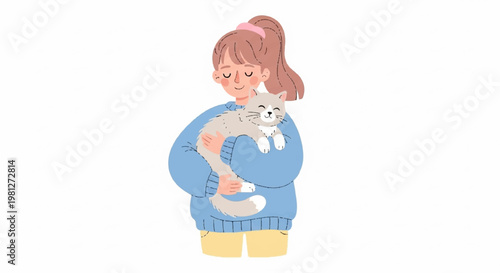 Young woman in blue sweater holding gray cat isolated on white background digital illustration for pet ownership and lifestyle creative design assets