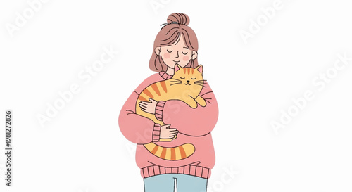 Young woman wearing pink sweater hugging cute orange tabby cat isolated on white background for lifestyle concept illustration and graphic design projects