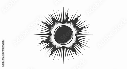 Dark circular eclipse surrounded by sharp rays and fiery flares