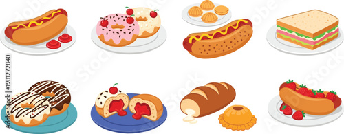 Bakery and Fast Food Icon Set with Hot Dogs, Pastries, Sandwiches, Bread, and Dessert Vector Design