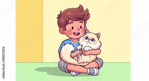 Young boy sitting on floor hugging fluffy white cat in minimalist digital illustration for children media and home interior creative design projects