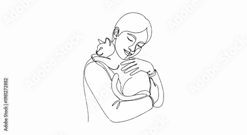 Simple line art drawing of woman hugging cat isolated on white background minimalist aesthetic vector illustration for creative decor and design projects