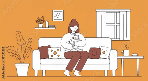 Young woman sitting on sofa holding cat in cozy living room interior digital illustration for home lifestyle and pet care editorial design projects
