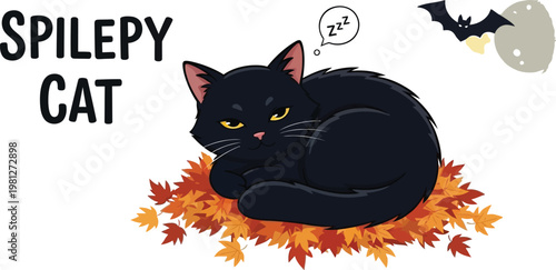A spooky black cat sleeping peacefully under a full moon with autumn leaves around it Vector