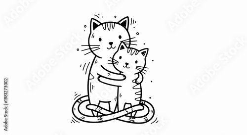 Simple black and white line art illustration of two cats hugging each other with tails intertwined