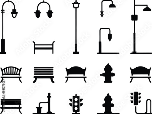 Black silhouette city street furniture icons set including lamps, benches, traffic light Vector