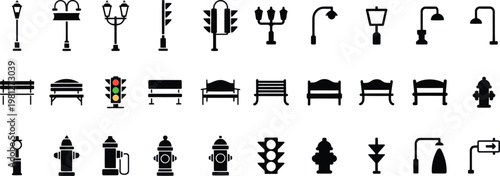 Black urban infrastructure icons set including streetlights, benches, traffic lights and hydrants Vector
