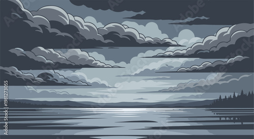 Dark, stormy clouds loom over a serene, reflective lake with distant hills