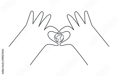 Hands making heart shape, holding planet Earth illustration isolated. Nature, environment protection, sustainability, ecology awareness, concept, symbol. Hand drawn line vector, clip art element