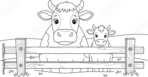 Cute cow and baby calf on farm fence coloring page for kids