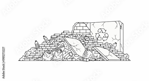 Debris pile with cracked brick wall and recycling symbols