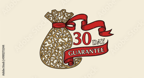 Decorative bag with ornate scrollwork and red ribbon announcing 30-day guarantee