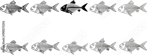 Fish Skeleton Icon Set Collection with Bone Structure Symbols for Seafood, Marine Biology, Nutrition, Restaurant, and Vector Design