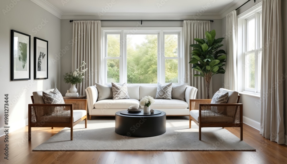 Fototapeta premium Bright living room with white sofa, rattan chairs. Large window shows green trees outside. Neutral decor with artwork, plants creates calm atmosphere. Furniture arranged for comfort, conversation.