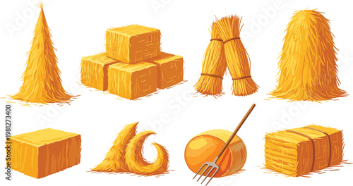 Hay Bale Icon Set Collection with Straw Bundles, Farm Harvest Elements, Agriculture Symbols, and Vector Illustration Design