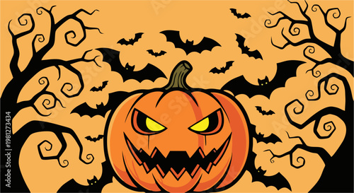 Spooky Halloween Pumpkin with Bats and Creepy Trees Vector Illustration