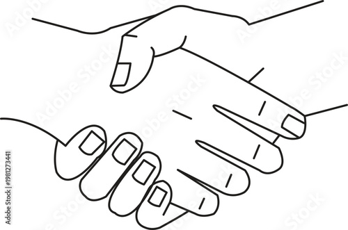 Thin outline of two hands clasping, subtle finger details, balanced composition