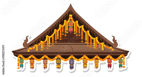 Traditional Balinese roof with colorful decorations and ornaments