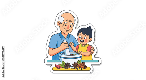 Elderly man and child cooking together with spices
