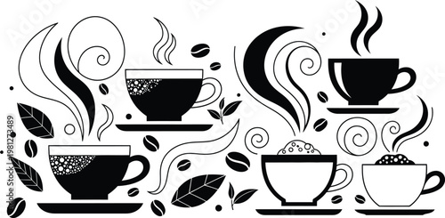 Elegant black and white illustration of coffee cups with steam and coffee beans Vector