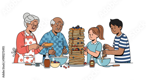 family cooking pancakes together in kitchen