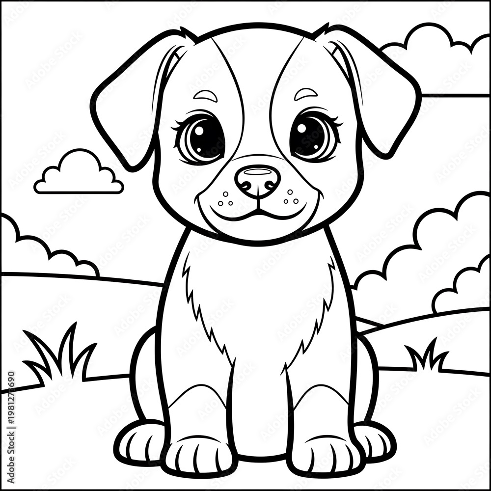 Fototapeta premium A cute cartoon puppy sitting in a field with clouds