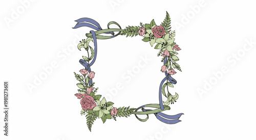 Decorative floral frame with ribbons and greenery
