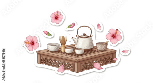 Traditional tea set on wooden table with cherry blossoms