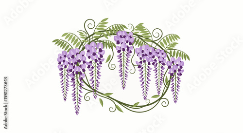 Decorative frame of cascading purple wisteria flowers and green vines