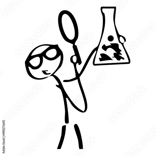A cartoon character holding a magnifying glass and a beaker with a curious expression