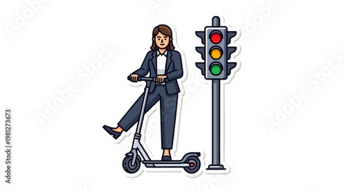 Businesswoman riding electric scooter next to traffic light