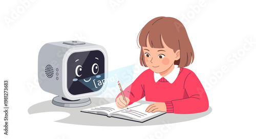 Cute girl doing homework with robot tutor assistance