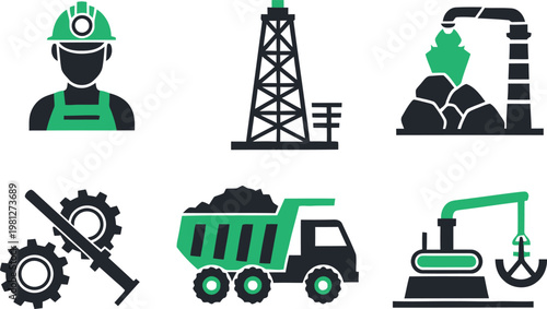 Oil and gas industry icons workers infrastructure and equipment