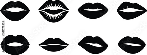 Kiss Lips Silhouette Icon Pack Featuring Valentine’s Day Romantic Symbols, Black Vector Illustrations Isolated on White Background for Greeting Cards, Social Media, Love Themes, and Holiday Design Pro