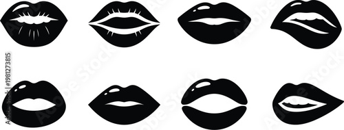 Kiss Lips Silhouette Icon Pack Featuring Valentine’s Day Romantic Symbols, Black Vector Illustrations Isolated on White Background for Greeting Cards, Social Media, Love Themes, and Holiday Design Pro