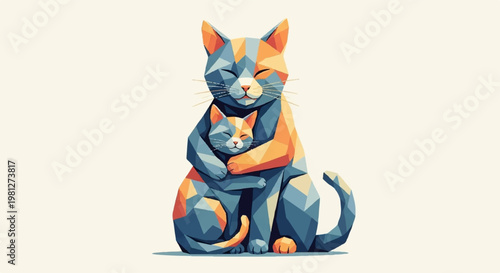 Low poly geometric illustration of two cats hugging in a soft color palette