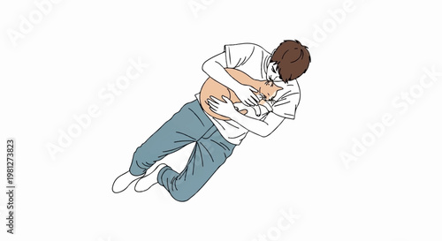 Person in casual clothing hugging small cat in minimalist flat illustration style with clean lines on white background for simple design projects