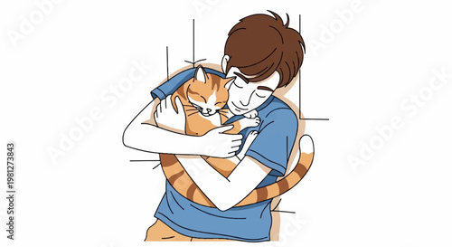 Young man hugging cute orange cat in artistic hand drawn style with sketch lines for creative editorial design or heartwarming pet content