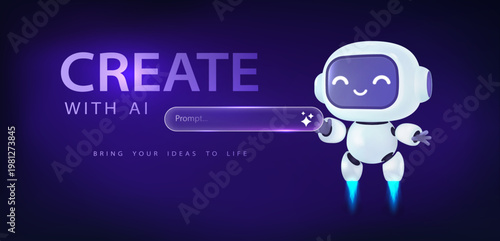 Cute 3D AI Robot Banner with Prompt Bar. AI assistant with a search engine bar for searching or generating. Artificial intelligence, 3D Friendly chat bot interacts with code, graphics or info. Vector