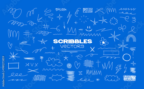 Playful Hand-Drawn Scribble Doodle elements. Cute collection of white hand-drawn scribbles, doodles, stars, swirls, zigzags, and sketch. Vector graphic set for highlights, posters, social media
