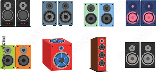Speaker Icon Set Collection with Audio Sound Systems, Stereo Cabinets, Music Equipment, and Vector Design Elements